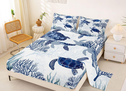 Turtle Sheet Set Twin,White Blue Sea Turtle Bedding Set for Kids Boys Girls,Reptile Tortoise Fitted Sheet Ocean Beach Theme Top Sheet,Hawaiian Coastal Child 3 Pcs Bed Set,1 Flat Sheet, 1 Pillowcase