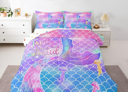 Girls Mermaid Comforter Set, Fish Scales Duvet Sets Twin Size, Glitter Rainbow Bedding Set for Kids Teens Women Bedroom Decor, Ocean Life Coastal Creature Bedding Comforters with 1 Pillow Case