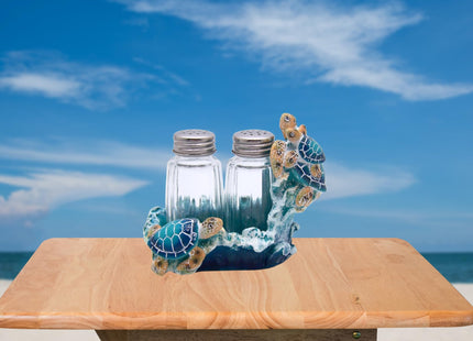 Blue Sea Turtle Salt and Pepper Set Holder, Nautical Décor, Shakers Included, 4 Inches