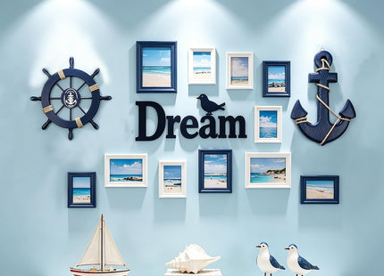 Meching 2 Pack 11" Nautical Beach Wooden Ship Wheel and 13" Wooden Anchor with Rope Nautical Boat Steering Wheel Rudder Anchor Wall Art Decor Door Hanging Ornament Beach Theme Home Decoration(Blue)