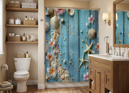Coastal Beach Shower Curtain Set, Rustic Blue Wooden Board Shower Curtain