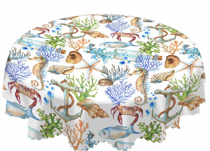 AOYEGO Marine Animals Round Tablecloth 60 Inch Fish Hippocampus Starfish Conch Crab Coral Bottle Ship Anchor Table Cloth Polyester Tablecloths for Home Decor, Parties, Picnic