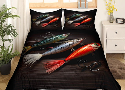Lure Fishing Duvet Cover Set Full Size,Rustic Farmhouse Brown Wooden Comforter Cover with 2 Pillowcases,3D Fishhook for Fishing Lovers Breathable Bedspread for Boys Teens,Pillow Sham