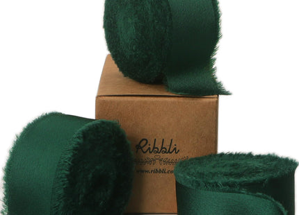 Ribbli Forest Green Silk Satin Ribbon 1.5 Inch x 30 Yard Handmade Frayed Chiffon Forest Green Ribbon for Gift Wrapping Wedding Invitations Bridal Bouquets Home Decor