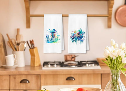 ArtisaEura Coastal Jellyfish Octopus Sea Horse Turtle Beach Hand Towels for Bathroom Set of 4, Coastal Beach Kitchen Towels, Nautical Dish Tea Towels for Kitchen Decor, Ocean Bathroom Decor, 16x24in