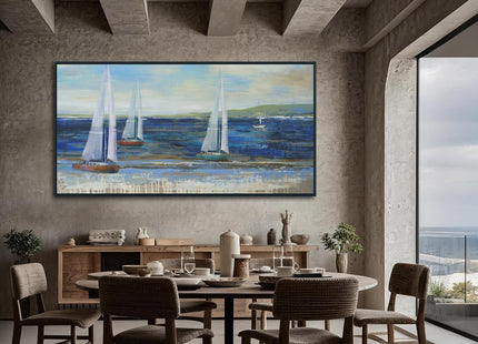 Acocifi Framed Nautical Sailboat Canvas Wall Art 48"x24", Blue Ocean Picture Print, Textured Impressionistic style Painting Large Artwork for Living Room Bedroom Dining Room Office Home Decor