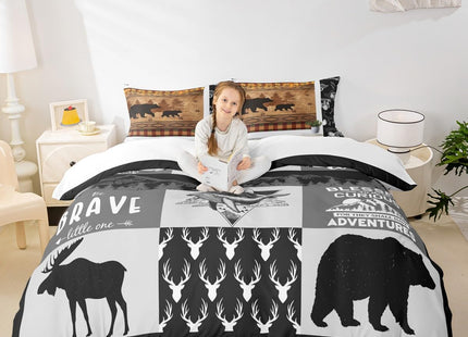 Deer Antlers Silhouette Duvet Cover Twin,Camping Adventure Bedding Set 2pcs for Kids Teens Adults Room Decor,Wild Animal Rustic Comforter Cover Lattice Black Grey Quilt Cover with 1 Pillowcase