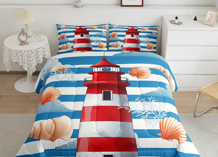 Erosebridal Nautical Lighthouse Comforter Set Beach Theme Bedding Queen, Coastal Lodge Cabin Bedding Sets & Collections Ocean Starfish Conch Down Comforter, Blue Red White Stripes Bed Sets Lightweight