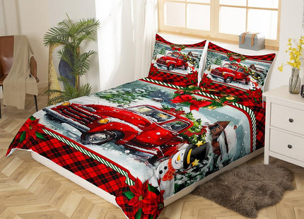 Homewish Christmas Truck Bedding Set King Size Kids Girls Boys Red Plaid Decor Pine Tree Duvet Cover Set 3pcs Winter Snow View Comforter Cover Happy New Year Gifts Quilt Cover with 2 Pillowcases