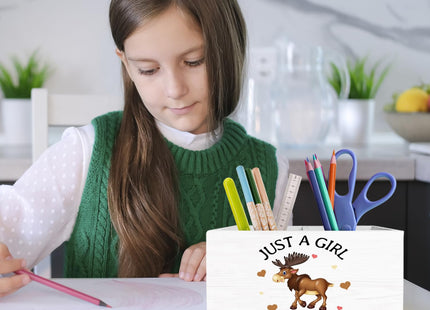 METNBASYY Moose Gifts Pen Holder for Desk, Deer Lover Gifts Pencil Organizer, Just a Girl Who Loves Moose Wooden Box Sign Desk Decor for Home Office Decoration