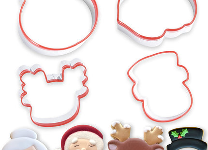 COOKIEQUE 4 Pieces Christmas Cookie Cutters Set with Santa Face, Reindeer Face, Snowman Face, Mrs. Claus Cookie Cutters for Baking Christmas Unique Design with Protective Red Top PVC