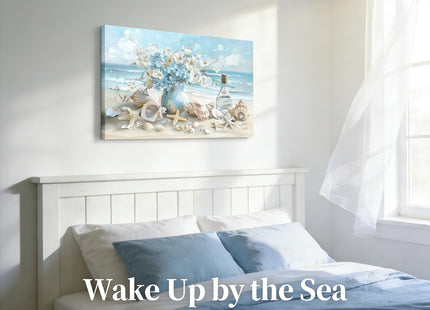 Blue Ocean Beach Bathroom Canvas Wall Art Seaside Seashell Painting Picture Wall Decor Starfish with White Flower Coastal Poster Print Artwork for Living Room Bedroom Bathroom Decor 12x16 in Canvas