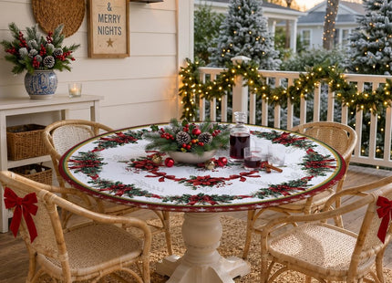 YOPINCO 54 Inch Round Christmas Tablecloth, Holly Poinsettia Holiday Table Cover, Water Resistant Polyester Tablecloth for 45-50 Inch Round Dining Tables, Stain Resistant Christmas Decor