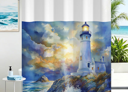 Hook-free Watercolor Sunset Lighthouse Ocean Wave Seascape Shower Curtain