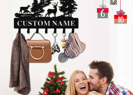 Quanqiuyi Personalized Forest Deer Coat Rack Wall Hanging Key Holder with Name, Metal Key Holder Wall Mount for Kitchen Hallway Doorway Home Decor Gift