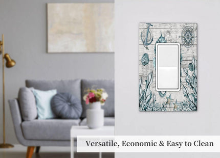 Seahorse Kelp Compass Anchor on Wooden Board 1 Gang Rocker Light Switch Covers Decorative Single Decora Outlet Wall Plate Faceplate Switchplate GFCI for Country Farmhouse Bathroom Bedroom Decor