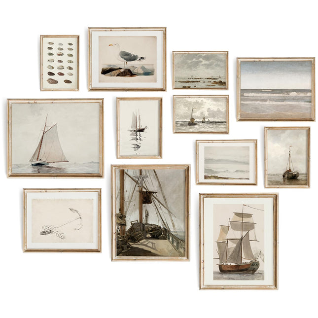 Vodefoad Vintage Seascape Gallery Wall Print Set of 12, Vintage Nautical Coastal Home Decor Printable, Neutral Gallery Farmhouse Wall Decor Coastal Prints, Nautical Prints, Antique Print Unframed