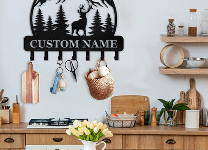 Dyoart, Personalized Key Holder for Wall - Custom Forest Deer Key Rack Hanger with Hooks, Key Holder Wall Mount, Woodland Theme Wall Art Decor Gift, Key Rack Storage for Kitchen, Living Room