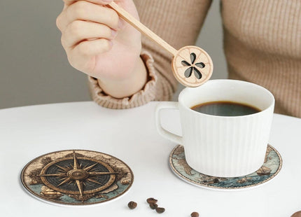 sunwarshile Nautical Compass Coasters for Drinks with Holder Round Leather Coasters Set of 6 Cups Mugs Mat Pad for Home Kitchen Bar