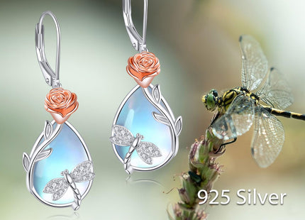 Vadmans Dragonfly Earrings Sterling Silver Rose Dragonfly Dangle Earrings Moonstone Drop Earrings Jewelry Gift for Women