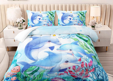 XYNHML Dolphins Animal Aqua Blue Green Sea Comforter 3pcs Twin Kids Coral Jellyfish Comforter Set for Boys Girls Ocean Waves Bedding Fish Quilt Bed Set with 1 Comforter and 2 Pillowcases