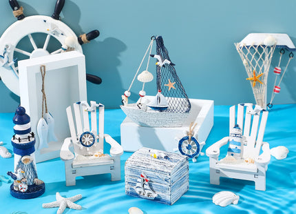 7 Pieces Wooden Box Wooden Lighthouse Mini Sailboat Anchor Fish Hanging Starfish Model Spring Summer Easter Tree Ornament Decoration Aquarium Decor Landscape Tank Ornament Office Mini Garden Landscape