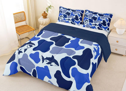 Castle Fairy Navy Blue Camo Bedding Set King Size,Shark Camouflage Comforter Set with 2 Pillowcases,Sea Nautical Marine Animal Bed Quilt,Ocean Adventure Quilt Sets Home Decor,Women Men Birthday Gift