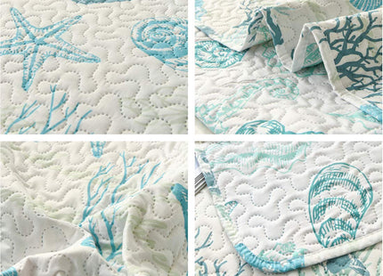 Oliven Reversible Coastal Beach Theme Quilt Set Queen/Full Size Ocean Coral Bedding Seaweed Bedspread Ocean Life Blue Green White Shell Starfish Coverlet Summer Lightweight Beach Daybed Sets