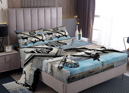 Castle Fairy Hunt Fish Twin Bed Sheet Set,Deer Bird Fish Animal Hunting,Bedding Deocr Set with 1 Flat & 1 Fitted Sheet with 1 Pillow Sham,Rustic Retro Wooden Board Kids Boys Room Mattress Protector