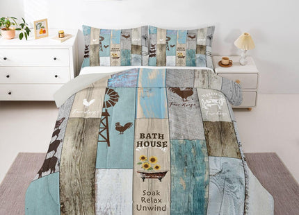 Rustic Farmhouse Bedding Set Cabin Decor, Retro Windmill Decor Comforter Set Western Wooden Barn Door Quilt Sunflower Rooster Farm Animal Bedding Comforter Sets Farmhouse Gifts For Women, Full