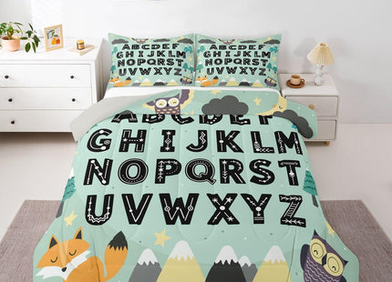 Feelyou Alphabet Kids ABC Learning Comforter Set All Season Cute Fox Bedding Set with 1 Pillow Cases Educational Nursery Art Kids Toddler Bedclothes Woodland Animals Bedroom Decor Duvet Quilt