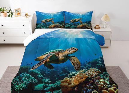 Erosebridal Sea Turtle Comforter Set, Tortoise Print Bedding Set, Reptile Nautical Duvet Set, Underwater World Oasis Ocean Animal Soft Lightweight Quilt Set Twin Size, for Kid Boys Girls Adult, Blue