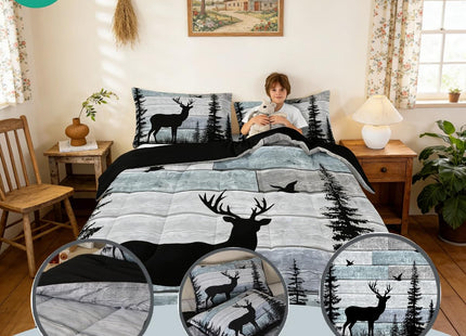 Western Bedding Set for Men Women,Rustic Deer Comforter Sets for Boys Teens Kids,Cabin Farmhouse Hunting Quilt King Size,Pine Trees Rustic Striped Down Comforter Set Wildlife Animal Print Duevt Insert