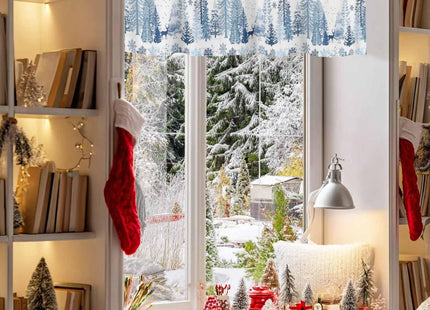 Christmas Curtain Valance for Windows Blue Snowflake Winter White Rod Pocket Valance Window Treatments Reindeer Elk Forest Short Curtains for Kitchen Windows Bathroom Bedroom 42x12in