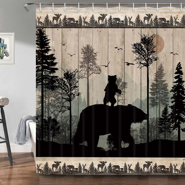 Torich Rustic Bear Shower Curtain Set, Forest Woodland Hunting Animal Cabin Bath Curtains, Farmhouse Lodge Wooden Board Bathroom Decor Polyester 36" x 72"