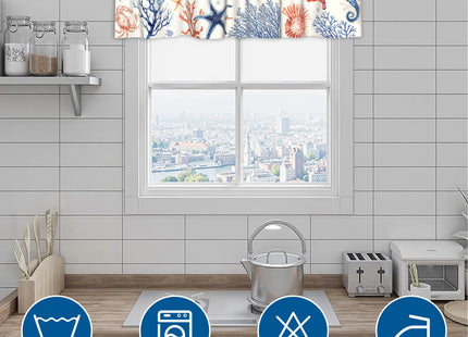 Coastal Kitchen Valance, Blue Ocean Coral Starfish Seashell Short Curtains for Windows, Nautical Sea Beach Summer Decoration Cafe Curtain, Thermal Insulated Room Darkening Short Curtain 54x18 Inch