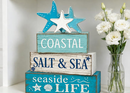 4 Pcs Summer Beach Table Decor Starfish & Seashell Coastal Nautical Wooden Block Signs, Rustic Farmhouse Tiered Tray Decorations for Home Bathroom Office Desk Shelf Mantel