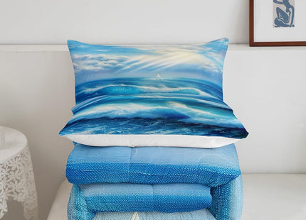 Erosebridal Sea Waves Comforter Set Twin Size, Sunset Down Comforter, Nautical Quilted Duvet, Coastal Nature Theme Duvet Insert, Blue Washable Super Soft Breathable Reversible Room Decoration