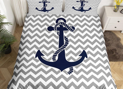 Nautical Anchor Duvet Cover Twin Size,Geometric Gray Stripe Bedding Set 2pcs for Kids Teens Adults Room Decor,Ocean Adventure Themed Comforter Cover Modern Abstract Quilt Cover,1 Pillowcase