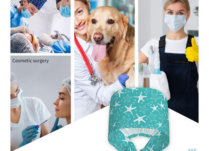 Summer Beach Coastal Sea Star Shells Starfish Blue Background Working Cap Scrub Cap with Sweatband Adjustable Unisex Women Tie Back Hat Nurse Surgical Caps