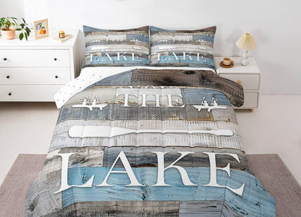 Homewish Lake House Comforter Set Rustic Farmhouse Bedding Set Queen Size Retro Wooden Blue Grey Quilt Set 3pcs Kids Adults Men Teens Cabin Room Decor,Lake Life White Cabin Bedspread,2 Pillowcases