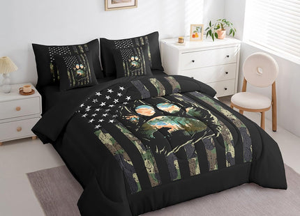 Erosebridal 7 Piece Rustic Farmhouse Bedding Sets Camo American Flag Bear Twin Comforter Set with Sheets Country Cabin Camping and Hunting Bed in A Bag for Kids Adults,Woodland Wildlife Bed Set