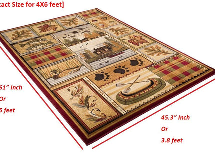 HR Cabin Rug Cabin Area Rug Modern Geometric Design Cabin Area Rug Abstract, Beige/Multicolor Design– Leafs/Nature/Kayak/Duck/Lodge by The Lake