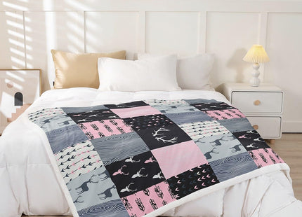 Castle Fairy Rustic Deer Plush Blanket,Pink Plaid Arrow Deer Antler Print Bed Blanket Home Decor Gift,Wild Animals Hunting Patchwork Modern Style Fuzzy Blanket Office Chair, X Size (40 x 50 Inch)