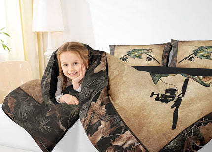 Erosebridal Camo Fishing Full Comforter Set Bass Fish Fishing Rod Bedding Set Rustic Pike Fish Comforter for Boys Adults Men,Fisherman Quilt Duvet