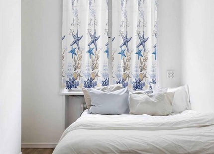 Ocean Beach Starfish Kitchen Curtain 63 Inch Length Drapes for Cafe/Living Room, Blue Coastal Coral Shell Nautical Boat Window Treatment Rod Pocket Bathroom Bedroom Drapery Panels Curtains, 84x63