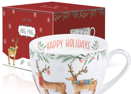 MFoffice Christmas Reindeer Mug – 20oz Bone China Coffee Tea Hug Mug with Happy Holidays Inside, Perfect Christmas or Any Holiday Gift for Women & Men – Designed in England by Harvest Green Studio