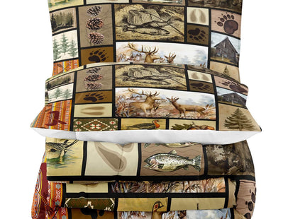 LUVIVIHOME 3PCS Rustic Lodge Comforter Set Full Size, Fish Bear Deer Cabin Bedding Set for Men, Forest Animals Elk Moose Duck Wildlife Hunting Fishing Farmhouse Country Patchwork Quilt, 2 Pillow Shams