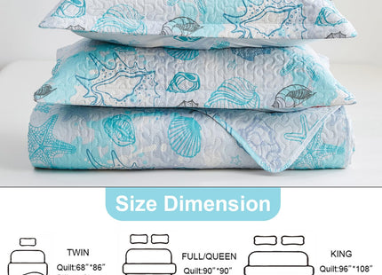Hailea Beach Quilt Set King Size Coastal Bedding Lightweight Reversible Quilts Nautical Bedspreads Beach Theme Coverlet Set Conch Coral Shell Printed Comforter Set with 2 Pillow Shams