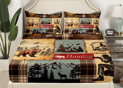 Erosebridal Rustic Patchwork Sheet Set Queen Size, Hunting Deer Bear Bed Sheets Set with Footprint, Geometric Wildlife Motion Grid Sheets for Boys Adults Wildlife Printed Bed Set Bedroom Decor